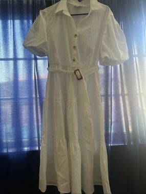 White Puff-Sleeve Tiered Midi Shirt Dress with Belt